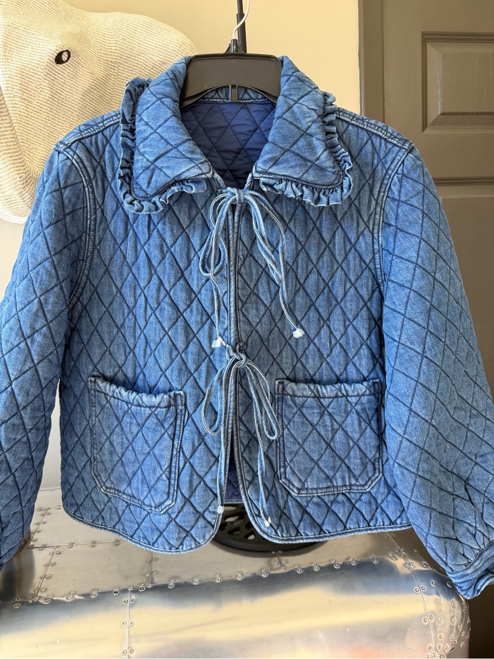 Quilted Blue Women’s Quilted Denim Jacket with Tie Front